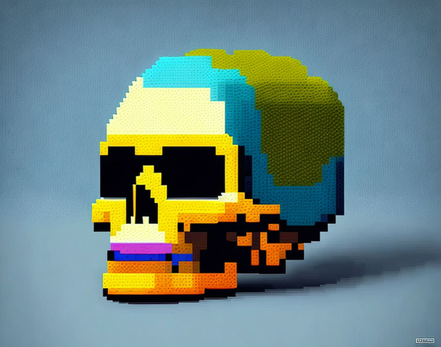 Stylized skull pixel art with sunglasses, blue hairstyle, and burger bite