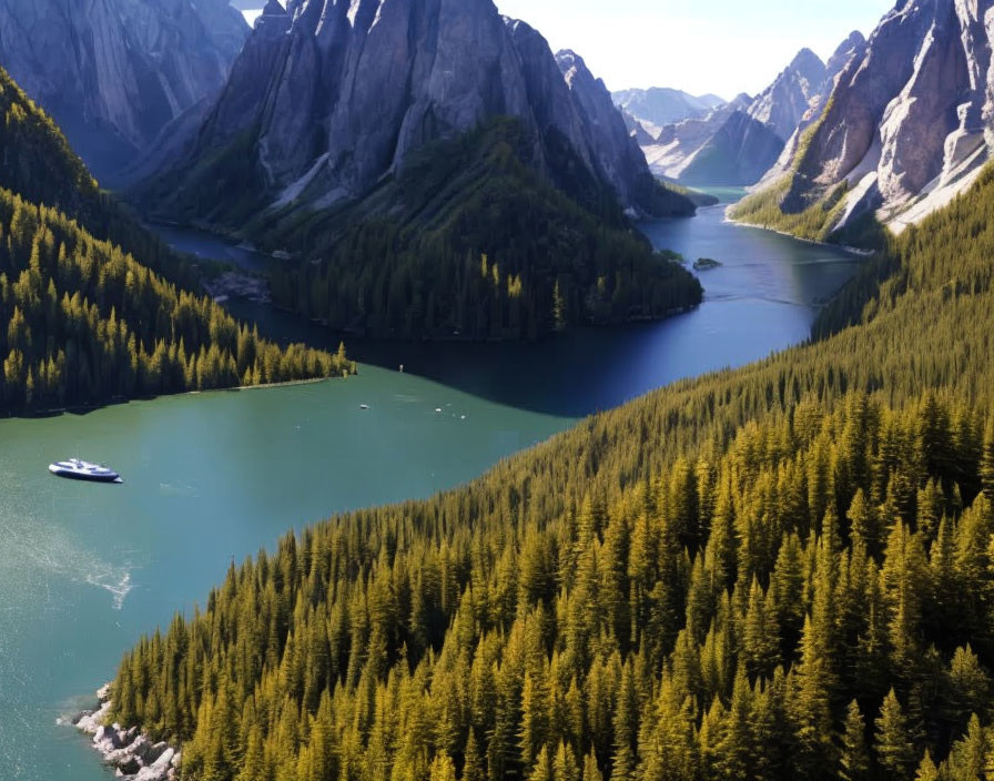 Tranquil mountain lake with boat, forested slopes, and rugged peaks