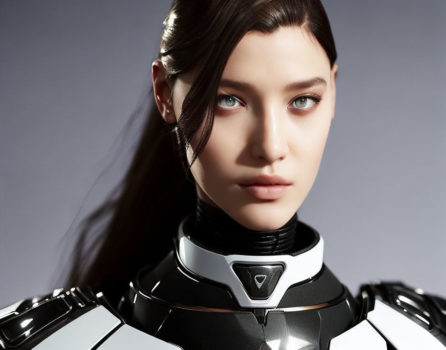 Photorealistic female in futuristic attire with fair skin and blue eyes