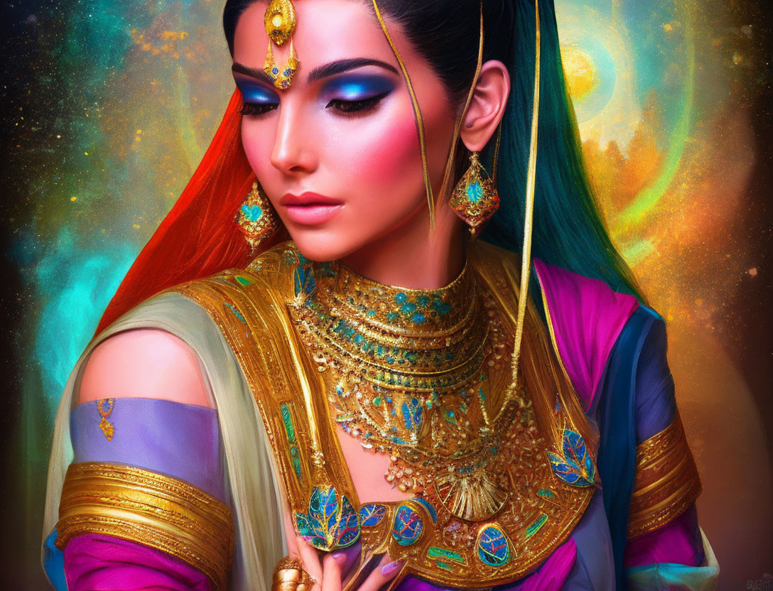 Vibrant traditional attire woman with gold jewelry on cosmic backdrop