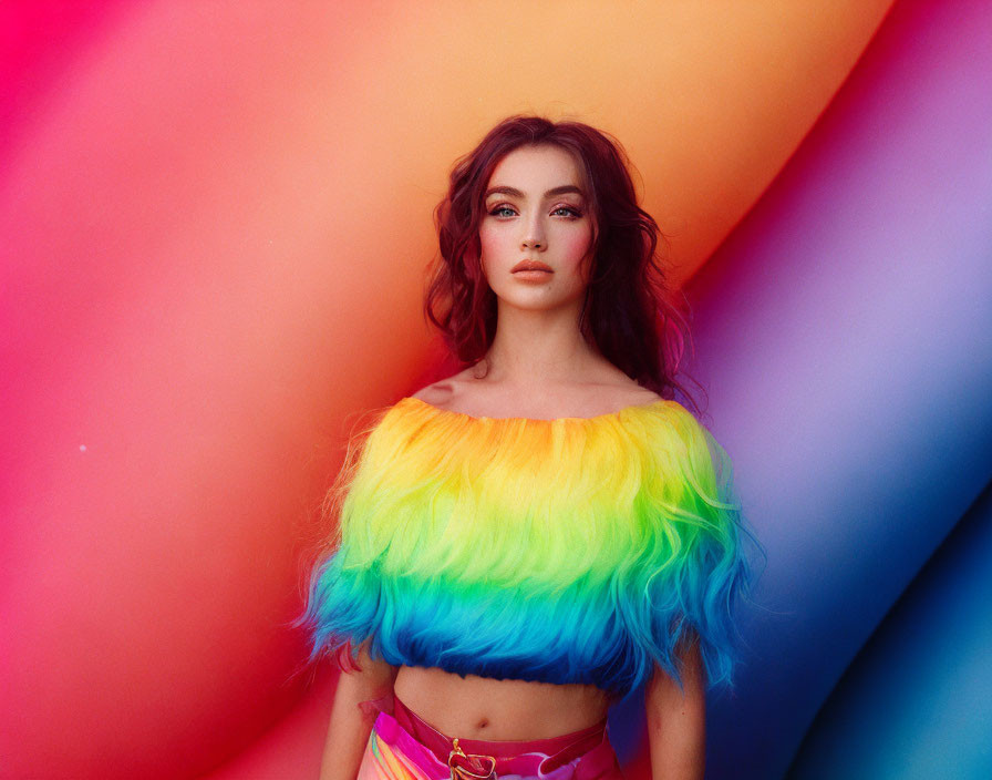 Woman with Long Hair in Rainbow Furry Top on Colorful Background