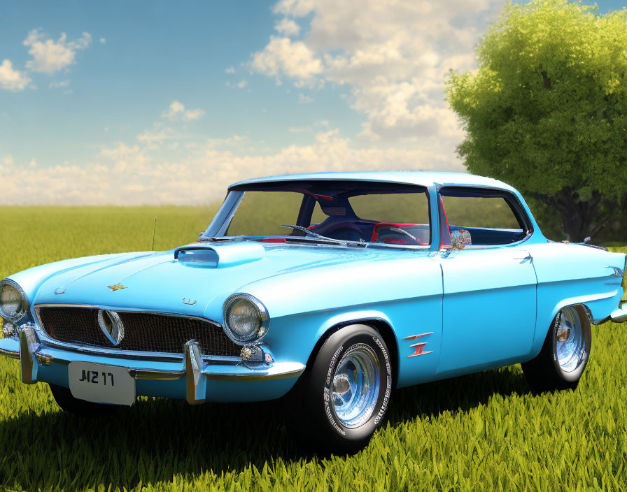 Vintage Blue and White Coupe with Chrome Grill and Red Interior on Green Field