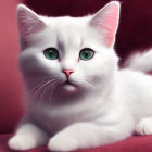 White Cat with Blue Eyes Resting on Red Couch