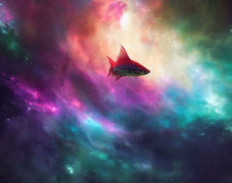 Colorful red fish in vibrant cosmic nebula swirls