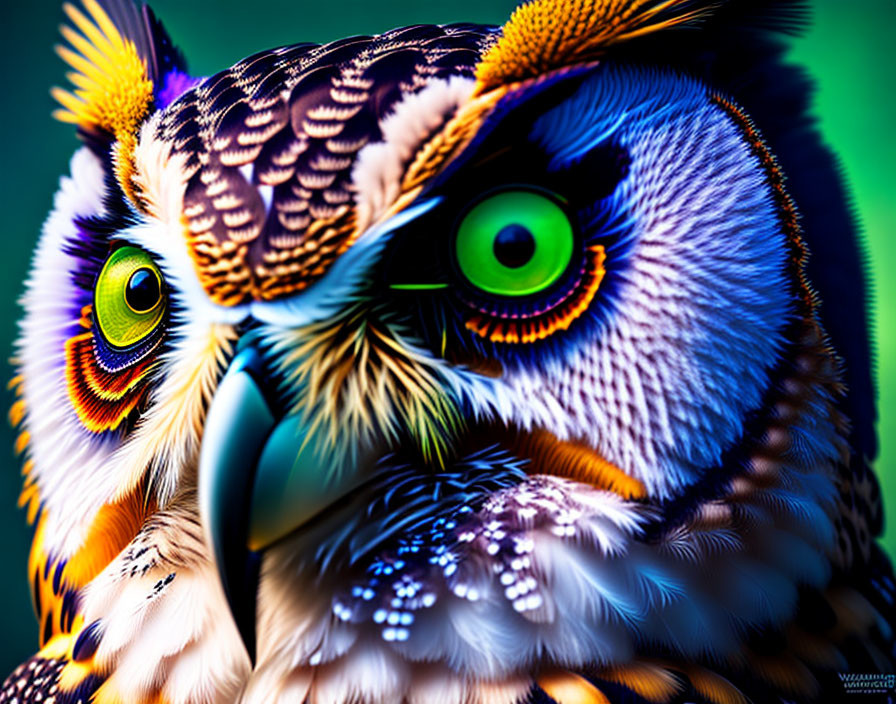 Colorful Close-Up Image: Owl with Green Eyes & Detailed Feathers