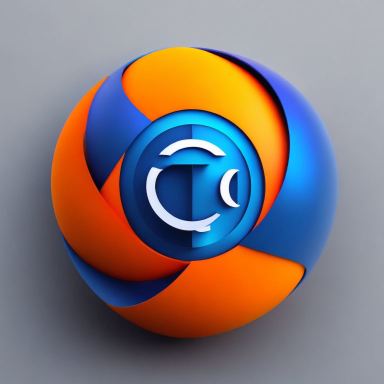 3D-rendered orange and blue spherical object with stylized "C" on gray background