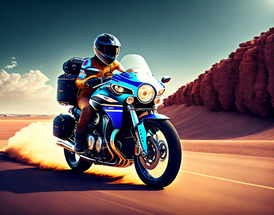 Motorcyclist in full-body suit speeds on blue touring motorcycle in desert.