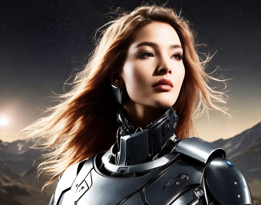 Long-haired figure in futuristic armor under starry sky and mountains