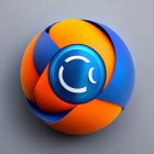 3D-rendered orange and blue spherical object with stylized "C" on gray background