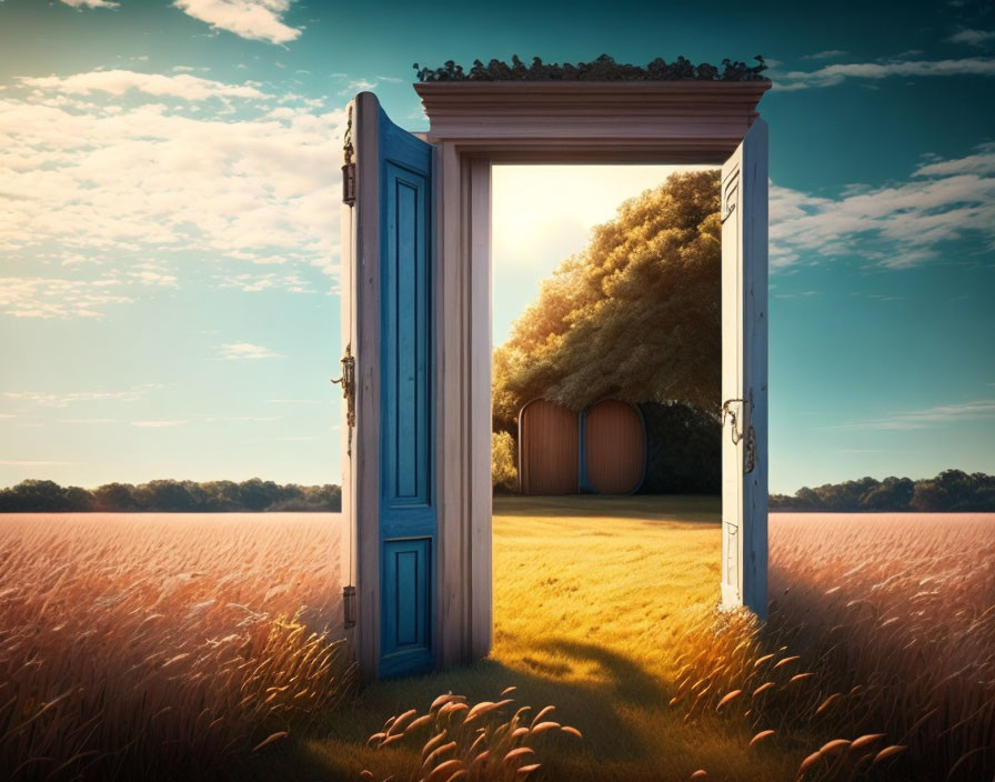 Blue door with ornate frame leading to serene field and tree.