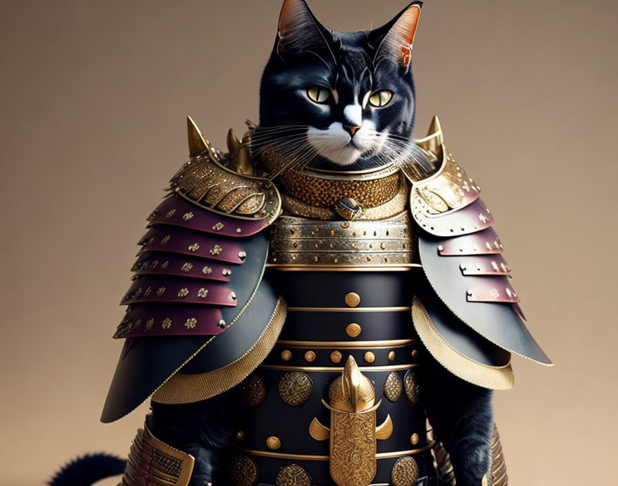 Black and White Cat in Golden Samurai Armor on Neutral Background