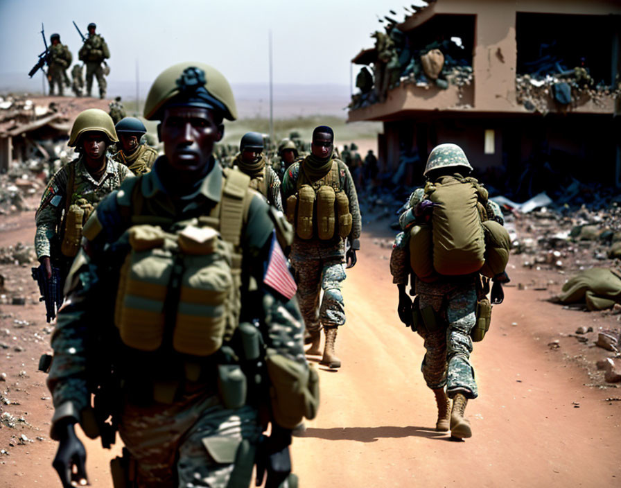 Military soldiers in combat gear on dusty terrain near a ruined building