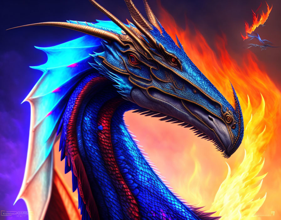 Blue dragon breathing fire on purple background