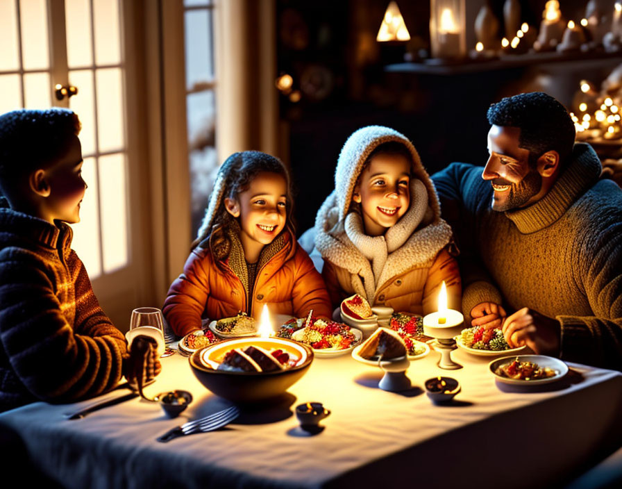 Family enjoying candlelit meal in cozy winter setting