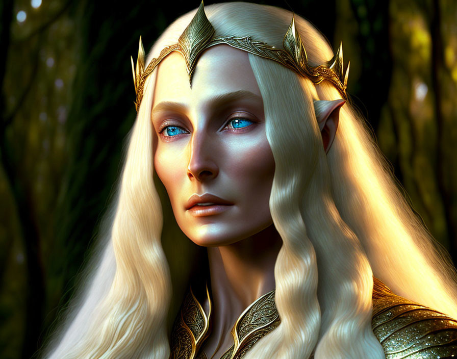 Ethereal elf with blue eyes, white hair, golden crown in enchanted forest