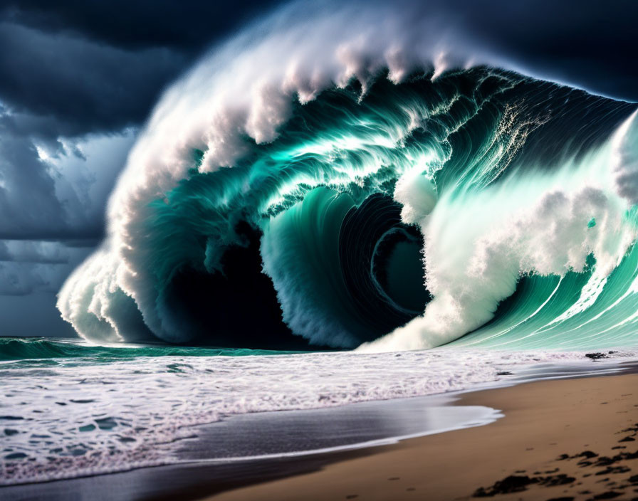 Turquoise Wave About to Break on Sandy Beach