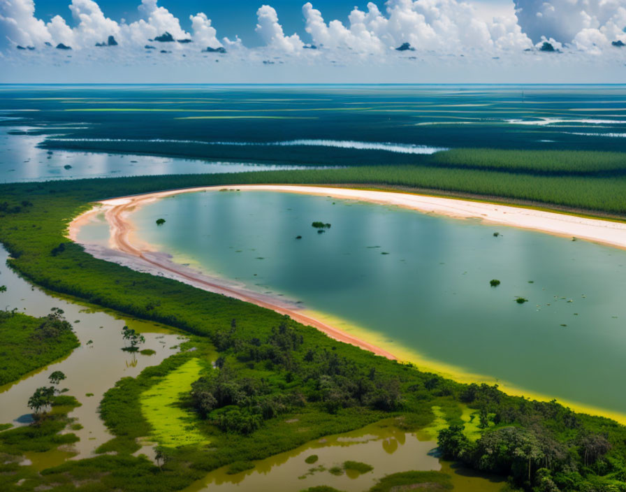 Meandering River with Green Wetlands and Sandy Shore aerial view