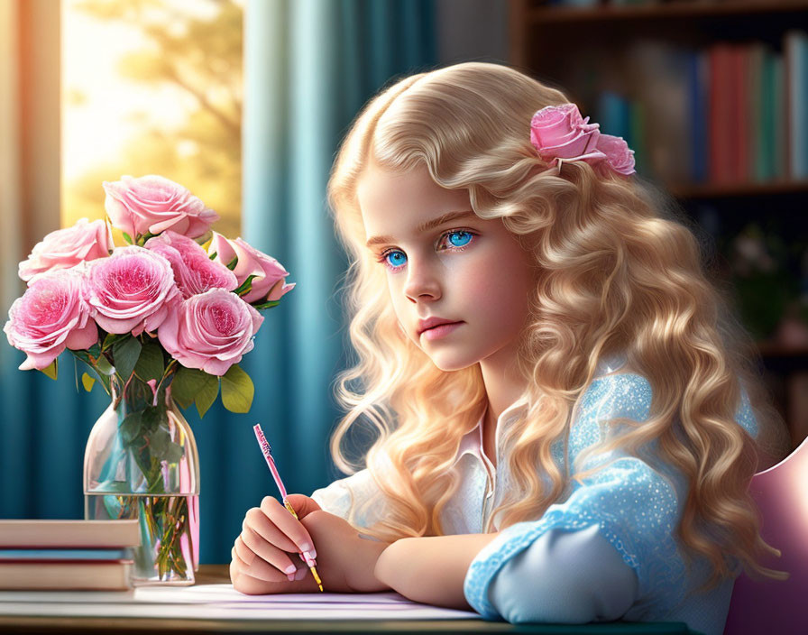 Blonde Curly-Haired Girl with Blue Eyes Holding Pencil and Pink Roses