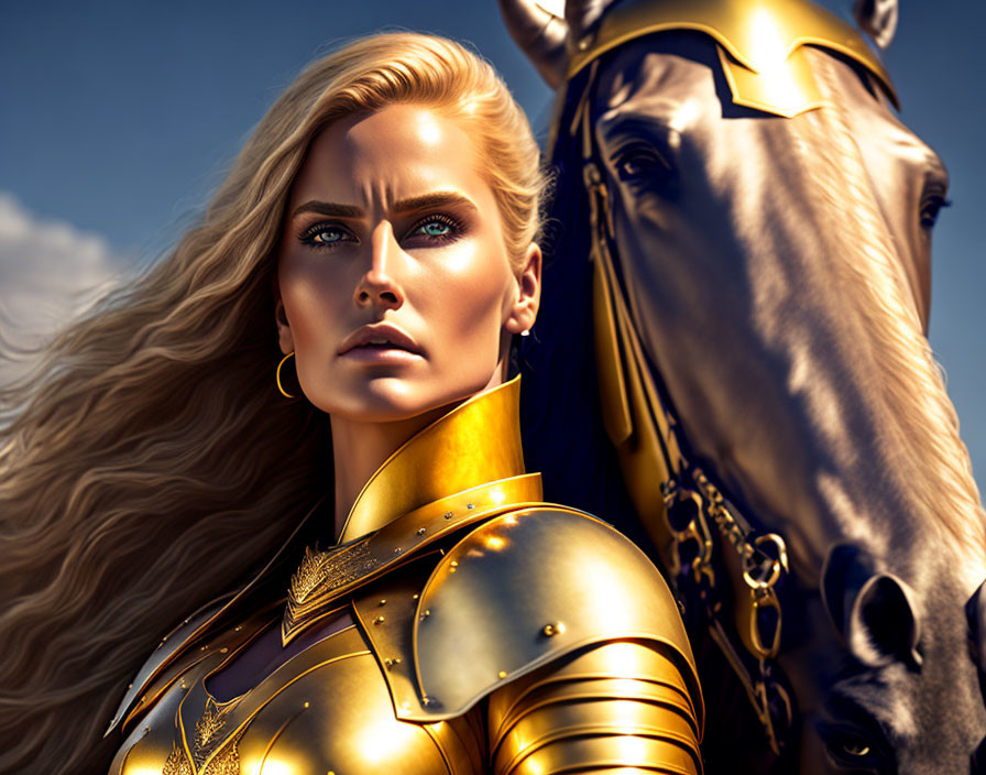 Blonde warrior woman in golden armor with horse against blue sky