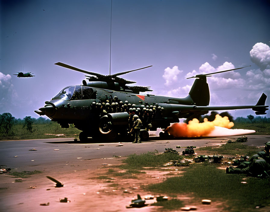 Military helicopter firing rockets near soldiers on airstrip under blue sky.