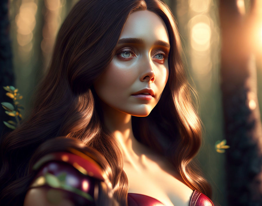 Digital portrait of a woman with flowing hair and striking eyes in warm forest sunlight