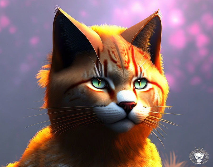 Realistic digital artwork of orange tabby cat with green eyes on pink and purple backdrop