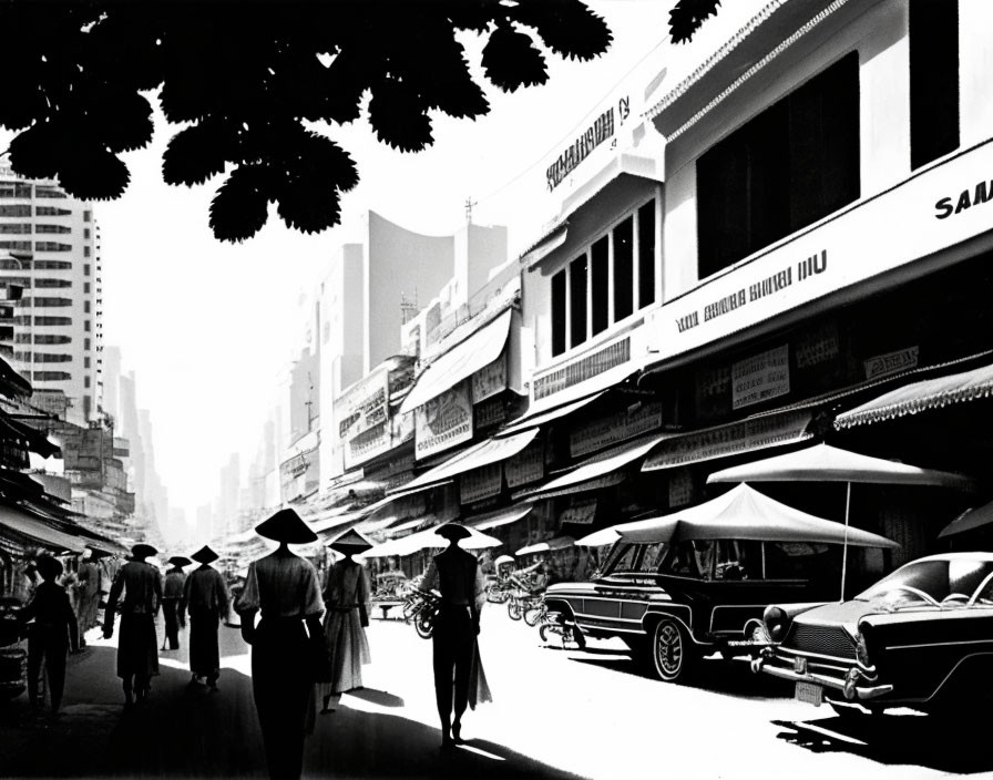 Vintage urban street scene with pedestrians and cars in black and white.