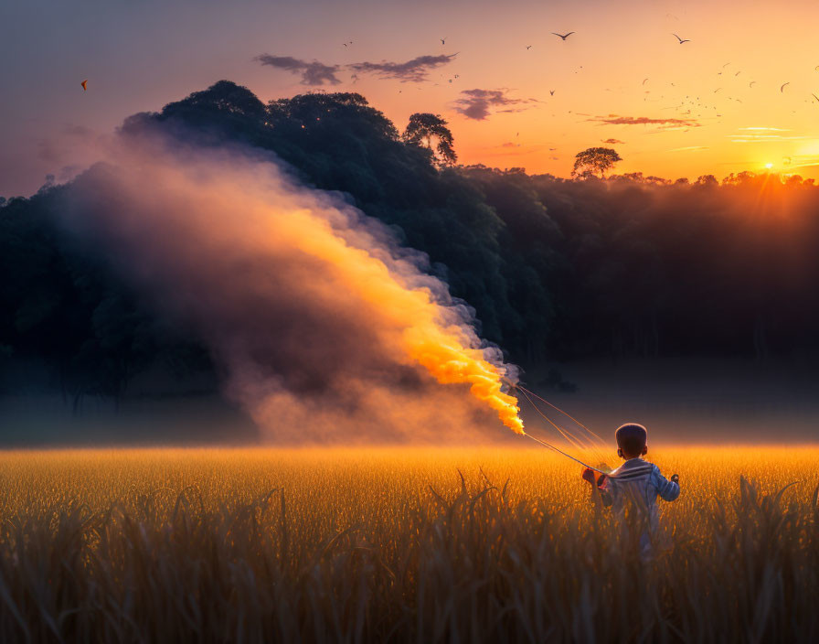 Person in golden field at sunset with smoke trail and trees.