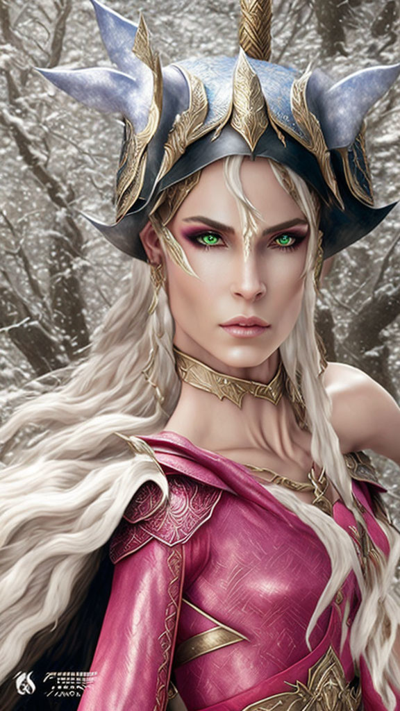 Pale-skinned female with green eyes in pink armor against snowy backdrop