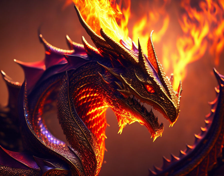 Majestic dragon breathing flames against dark background