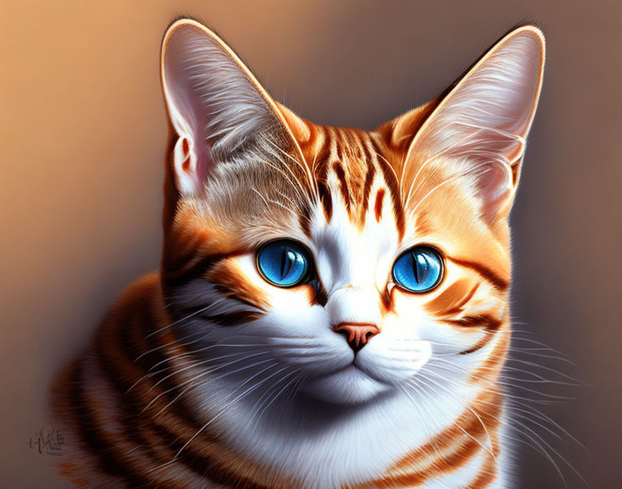 Orange Tabby Cat with Blue Eyes and Detailed Fur Patterns on Brown Background