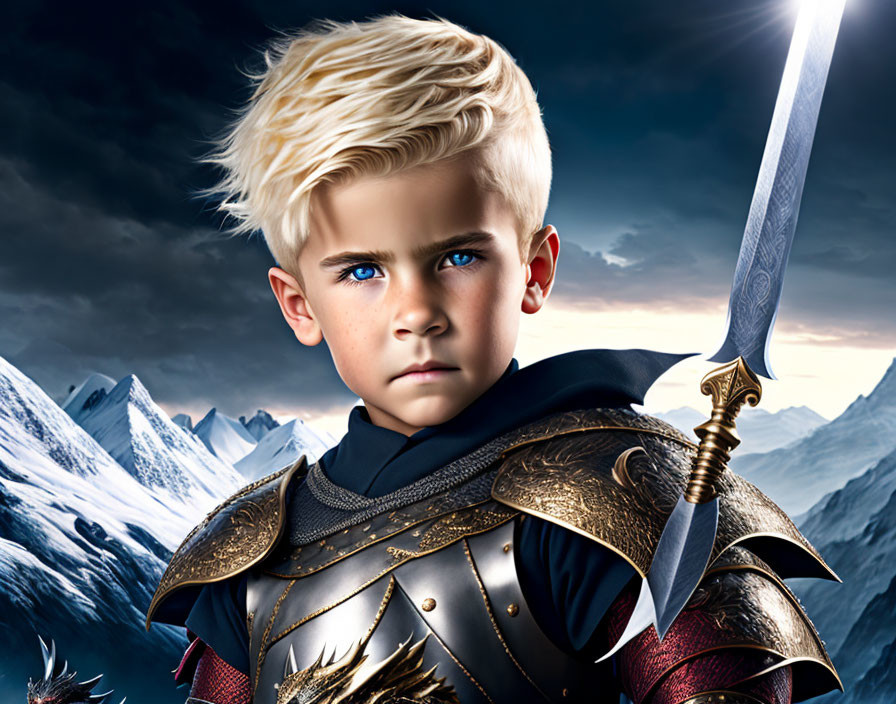 Young boy in medieval armor with sword against snowy mountains