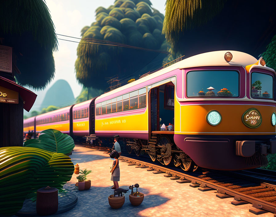 Vibrant passenger train at tropical station with lush greenery and mountains.