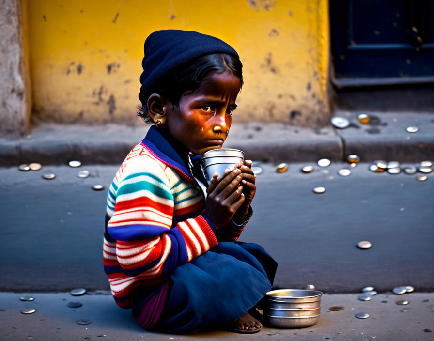 Child with Metal Cup Surrounded by Coins Against Yellow Wall