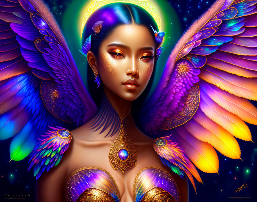 Digital Artwork: Woman with Peacock Feather Wings and Colorful Plumage