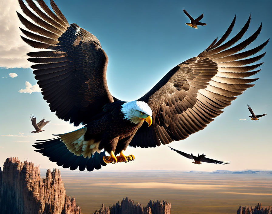 Bald Eagle Soaring Over Rock Formations and Sky