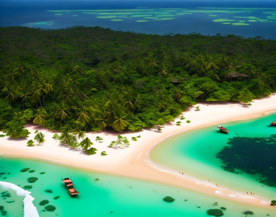 Tropical Beach Scene with Greenery, White Sands, Turquoise Waters, Moored Boats,