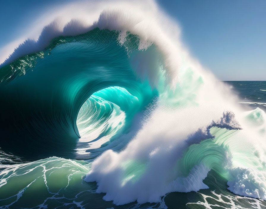 Majestic large wave with hollow barrel curling and crashing into ocean