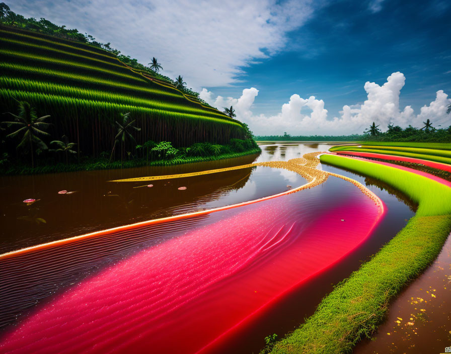 Scenic terraced rice fields by calm river under blue sky