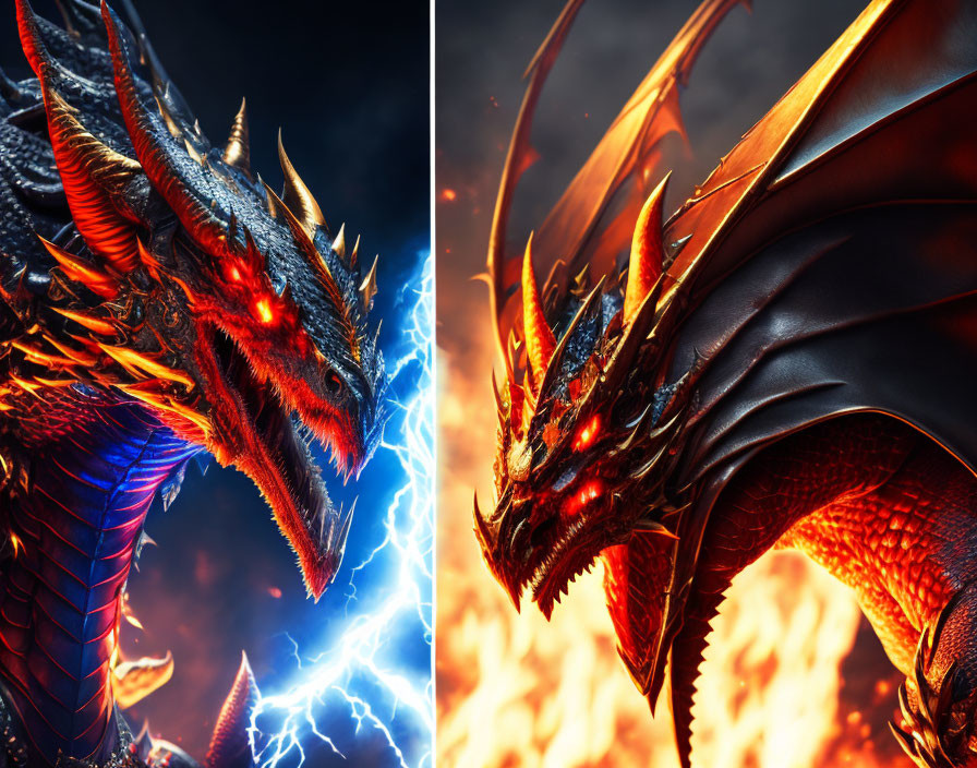 Detailed Split-Screen Image of Red Dragon with Blue Lightning and Flames