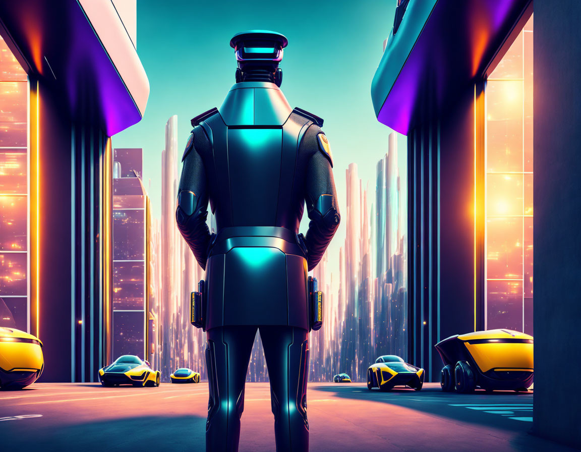 Futuristic robot in neon-lit cityscape at sunset