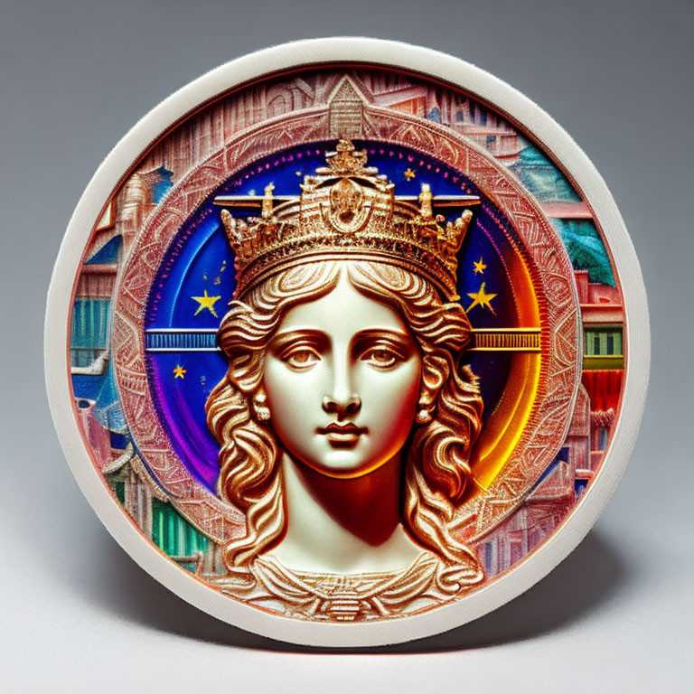 Circular classical female figure with crown on vibrant stained glass-like background.