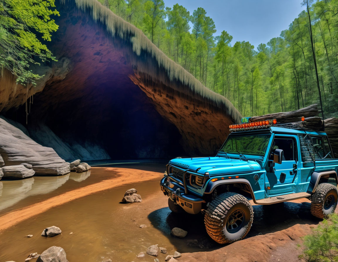 Blue off-road vehicle parked by serene river in lush cave