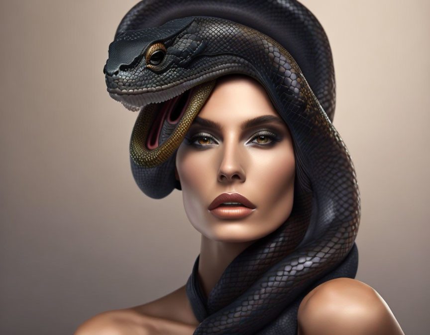 Woman with striking makeup and black snake on head and neck against neutral background