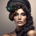 Woman with striking makeup and black snake on head and neck against neutral background