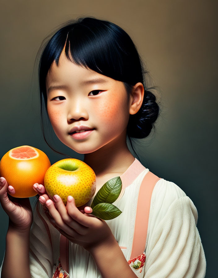 Young girl holding grapefruit and orange fruits on neutral background