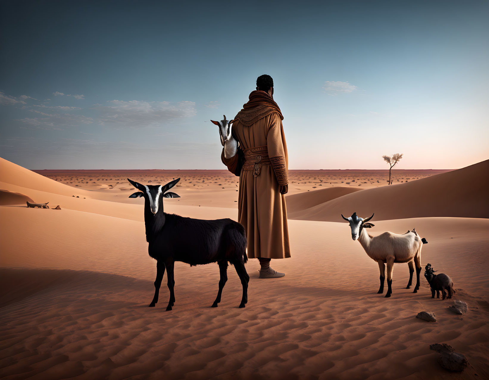 Person in cloak with three goats in desert under clear sky