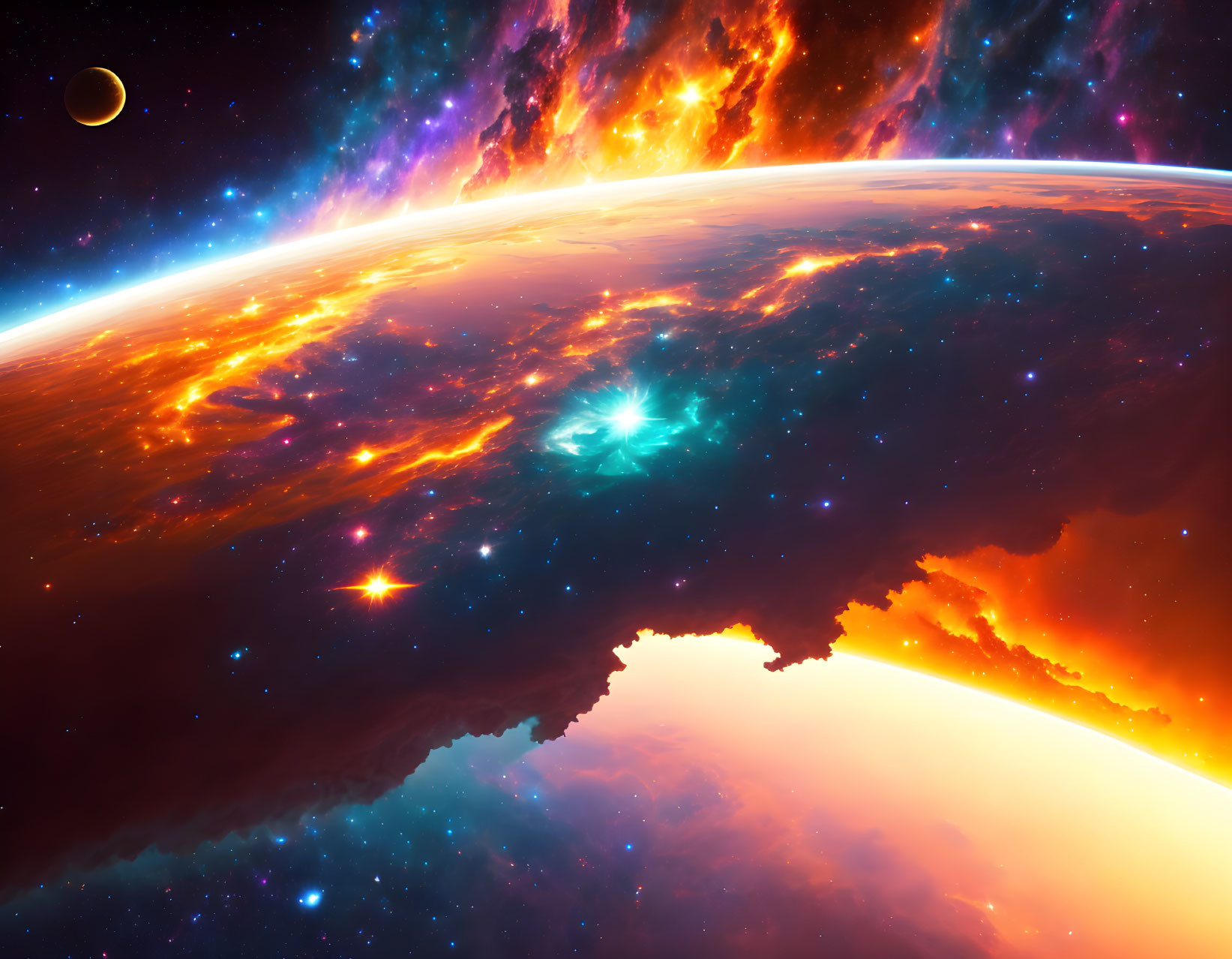 Colorful cosmic landscape with fiery planet, nebulae, stars, and moon in vibrant space.