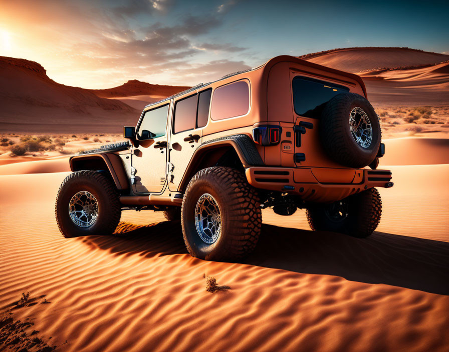 Orange Jeep Wrangler in desert twilight with sandy dunes.