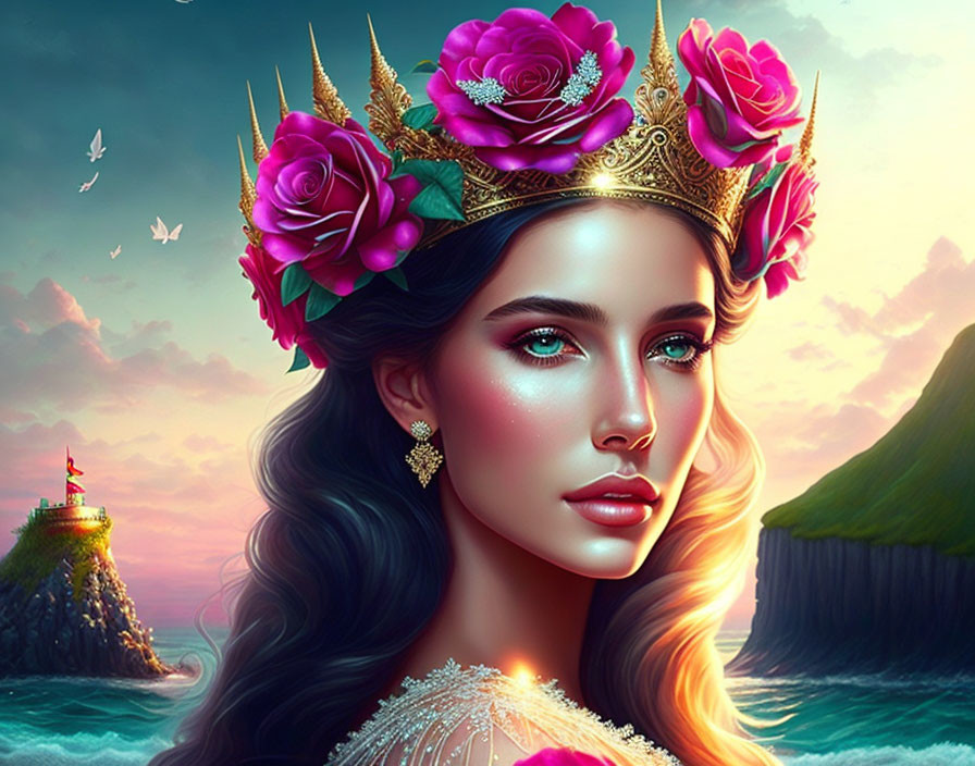 Golden crown, pink roses, blue eyes: Woman in fantasy seascape with lighthouse and cliffs